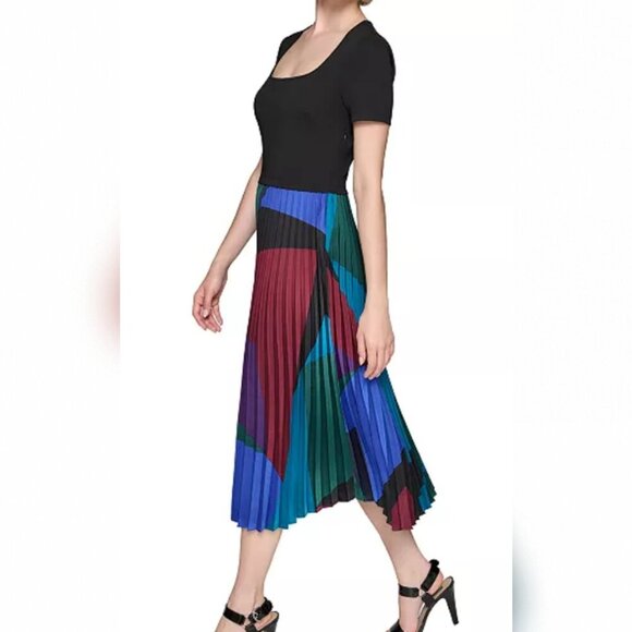 KARL LAGERFELD PARIS Women's Mixed-Media Printed Pleated Dress - Picture 3 of 3